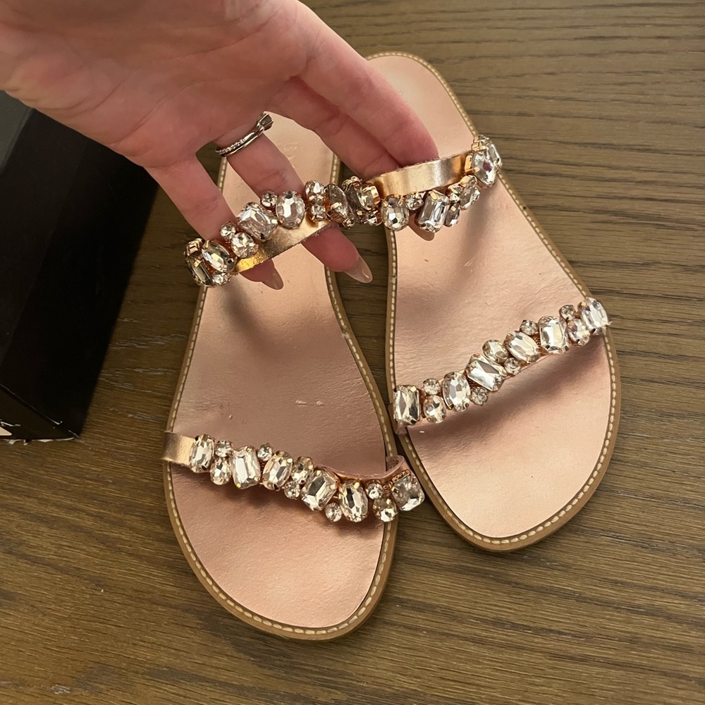 Badgley Mischka Flat Sandals, Rose Gold with Jewels, Size 7